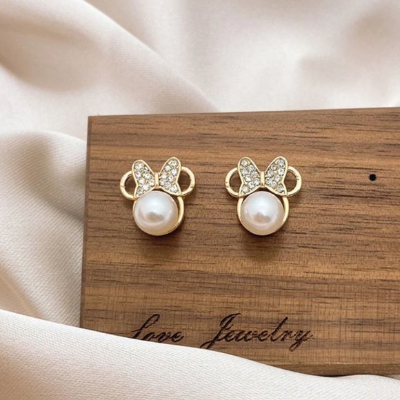 Dainty Gold Minnie Mouse Pearl Bow Stud Earrings